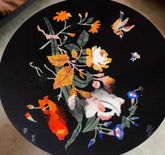 Black Marble Inlay Coffee Table – Handmade Round Side Table – Elegant Stone Accent Furniture Unique Handicrafts IND